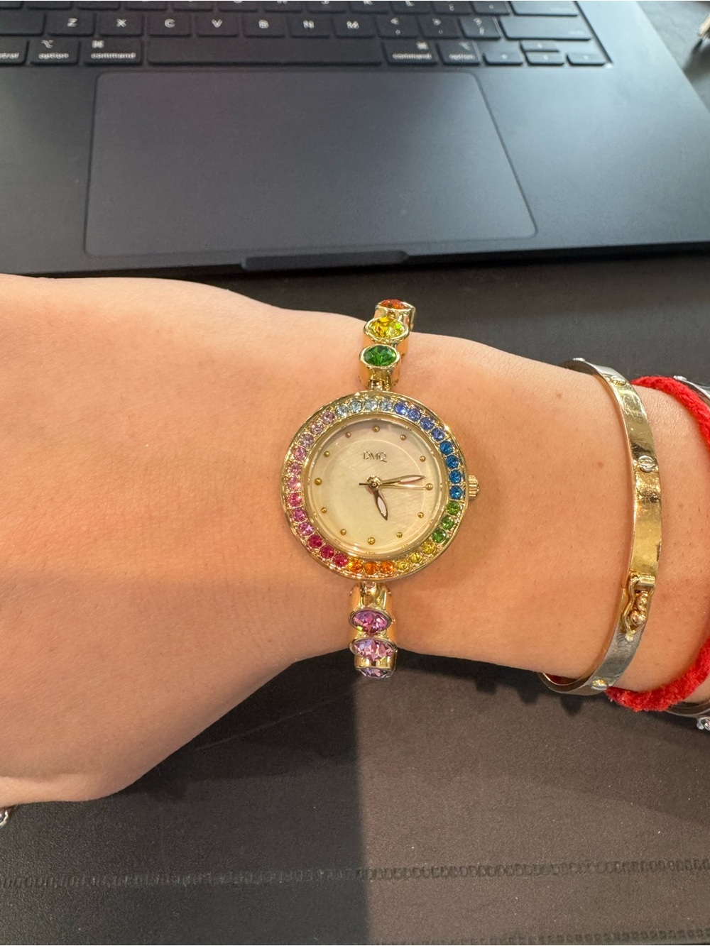 DMQ Diamonique Rainbow Crystal Gold Tone Bracelet Watch